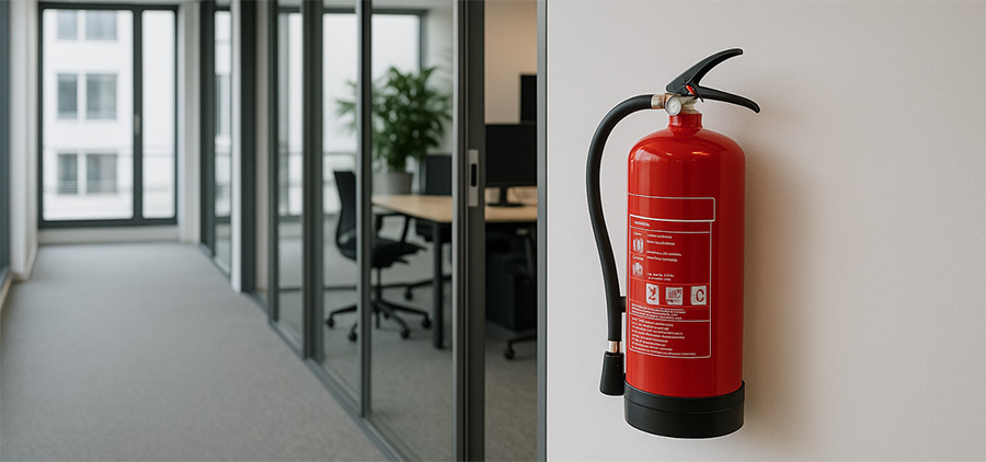 Bild på en röd brandsläckare i en kontorsmiljö.