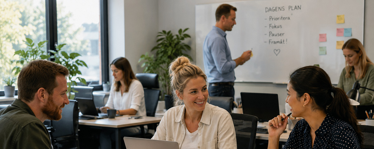 Glada personer på jobbet.