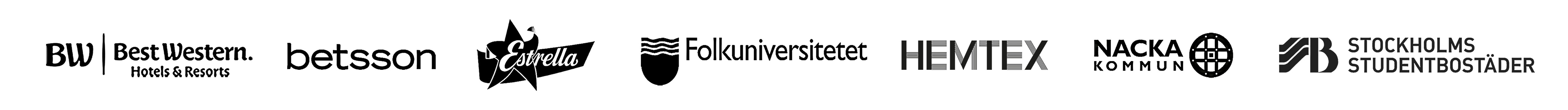 Banner med logotyper av kunder som vi arbetar med - Best Western Hotels & Resorts, Betsson, Estrella, Folkuniversitetet, Hemtex, Nacka kommun, Stockholms Studentbostäder.